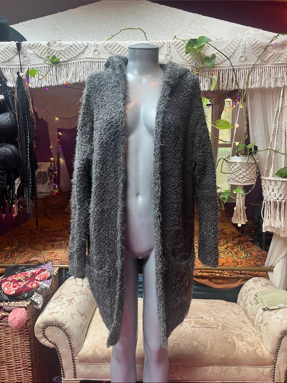 Fuzzy plush gray hood cardigan